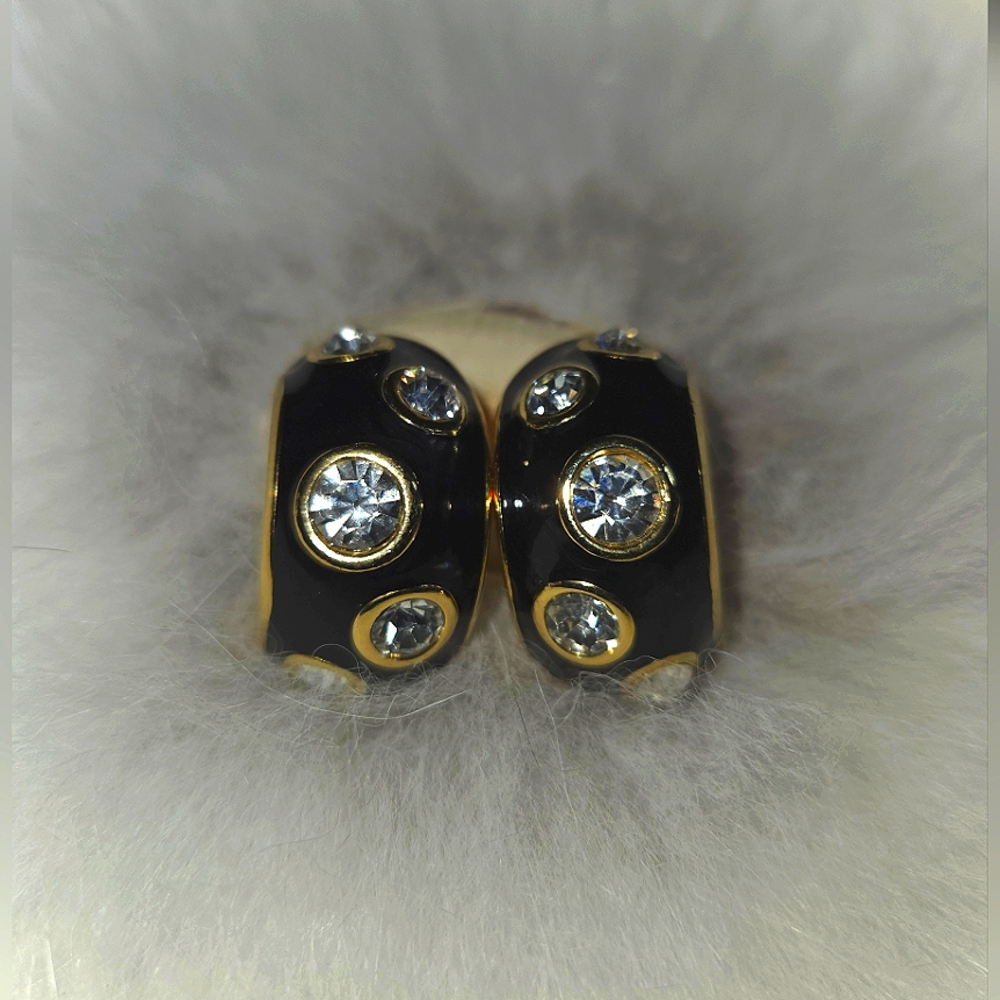 DIOR Gold Plated and Black Enamel with Rhinestone Clip On Earrings VTG ✨️✨️ - Picture 2 of 5